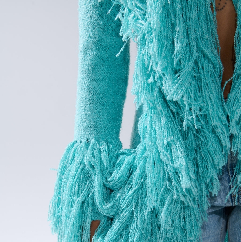 AKIRA BURRR IT'S COLD OUTSIDE FRINGE OVERSIZED SWEATER IN TURQUOISE Size 1X/2X1X